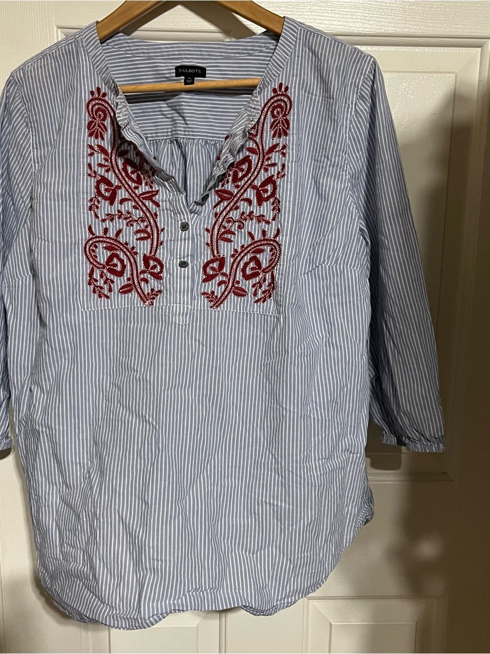 Talbots Blue and White Stripe Shirt with Red Embroidery